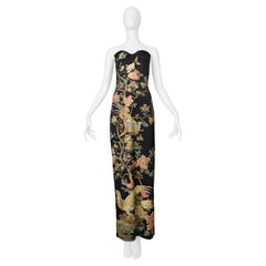 Roberto Cavalli Black Satin Strapless Gown With Asian Floral Print AW 2006
