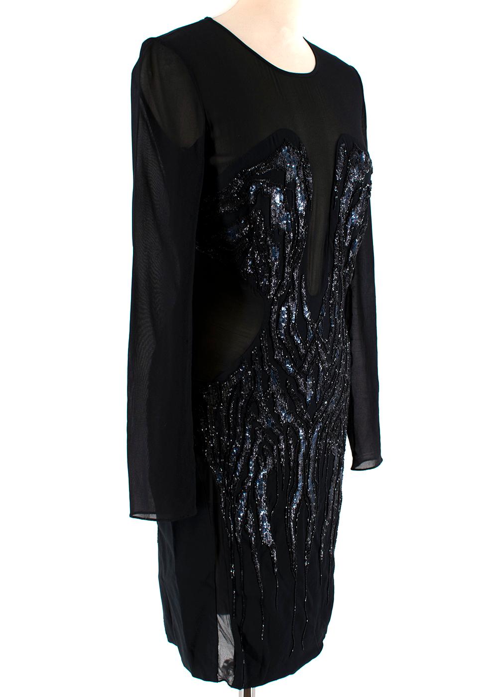 Roberto Cavalli Black Sequin Dress

- Embellished with a mixture of shaped sequins in two tone black and navy for a metallic look
- Light-medium weight material
- Silk body is sheer on the sleeves and on the sides of the dress
- Back zip fastening