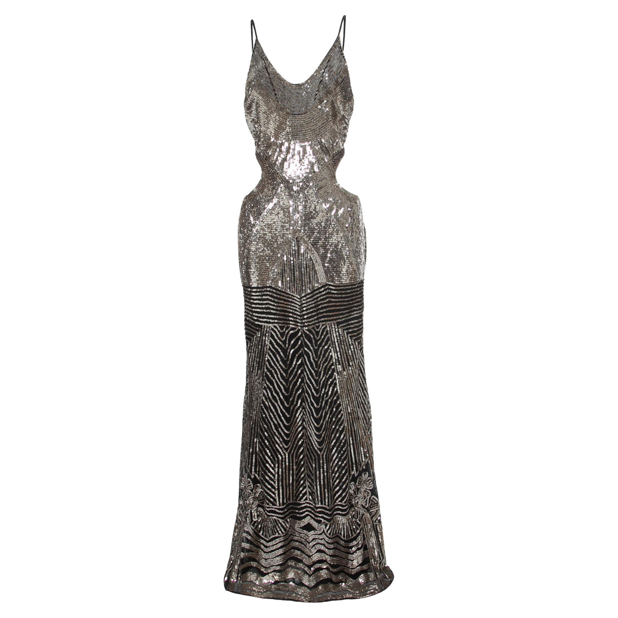 Roberto Cavalli Black Sequined Cutout Sleeveless Gown