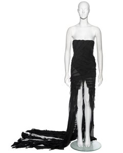 Roberto Cavalli black shredded silk strapless evening dress with train, fw 2001