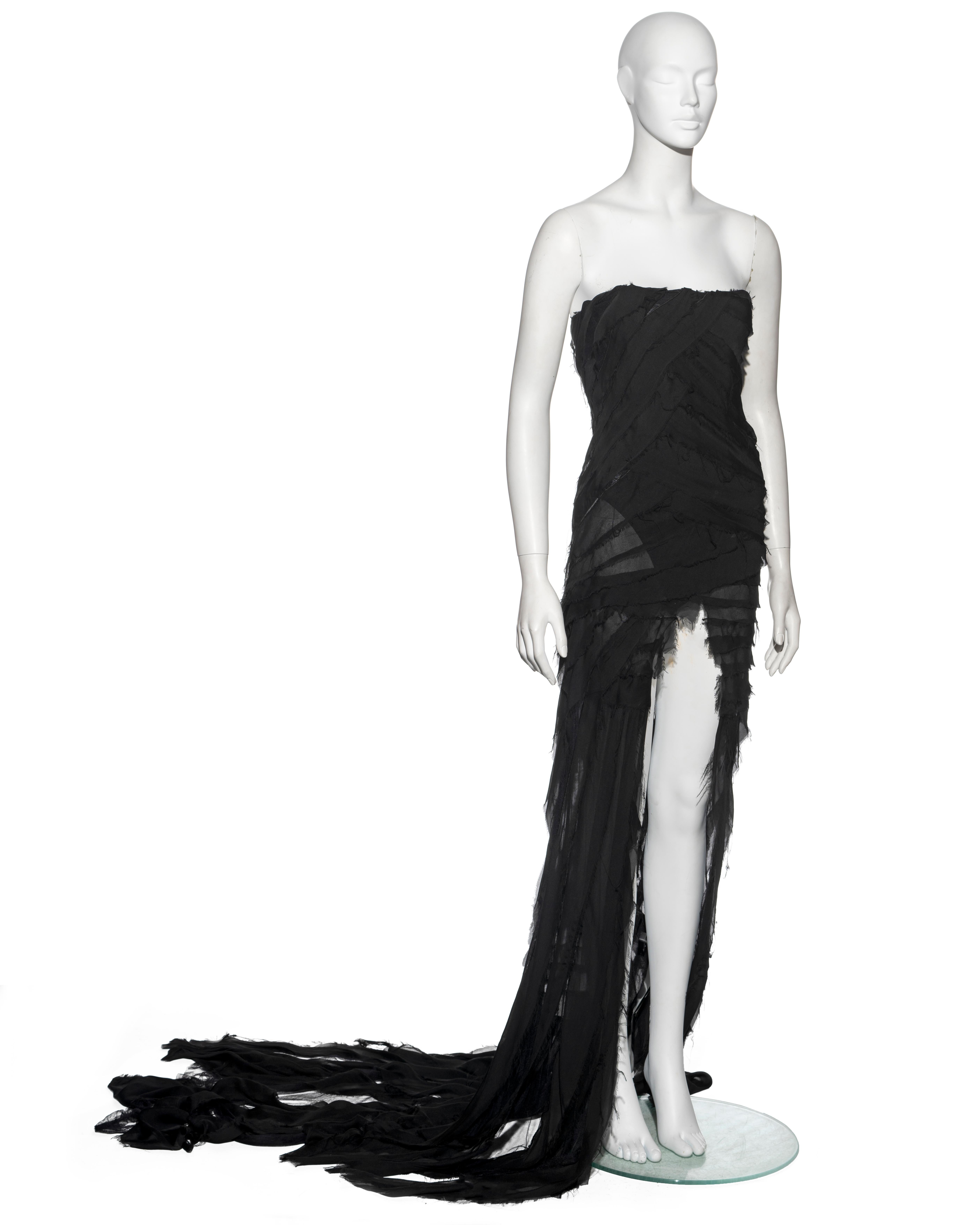 Roberto Cavalli black shredded silk strapless evening dress with train, fw 2001 In Good Condition For Sale In London, GB