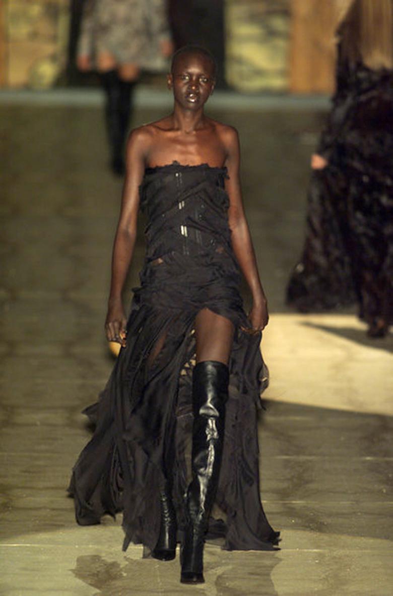 Women's Roberto Cavalli black shredded silk strapless evening dress with train, fw 2001 For Sale