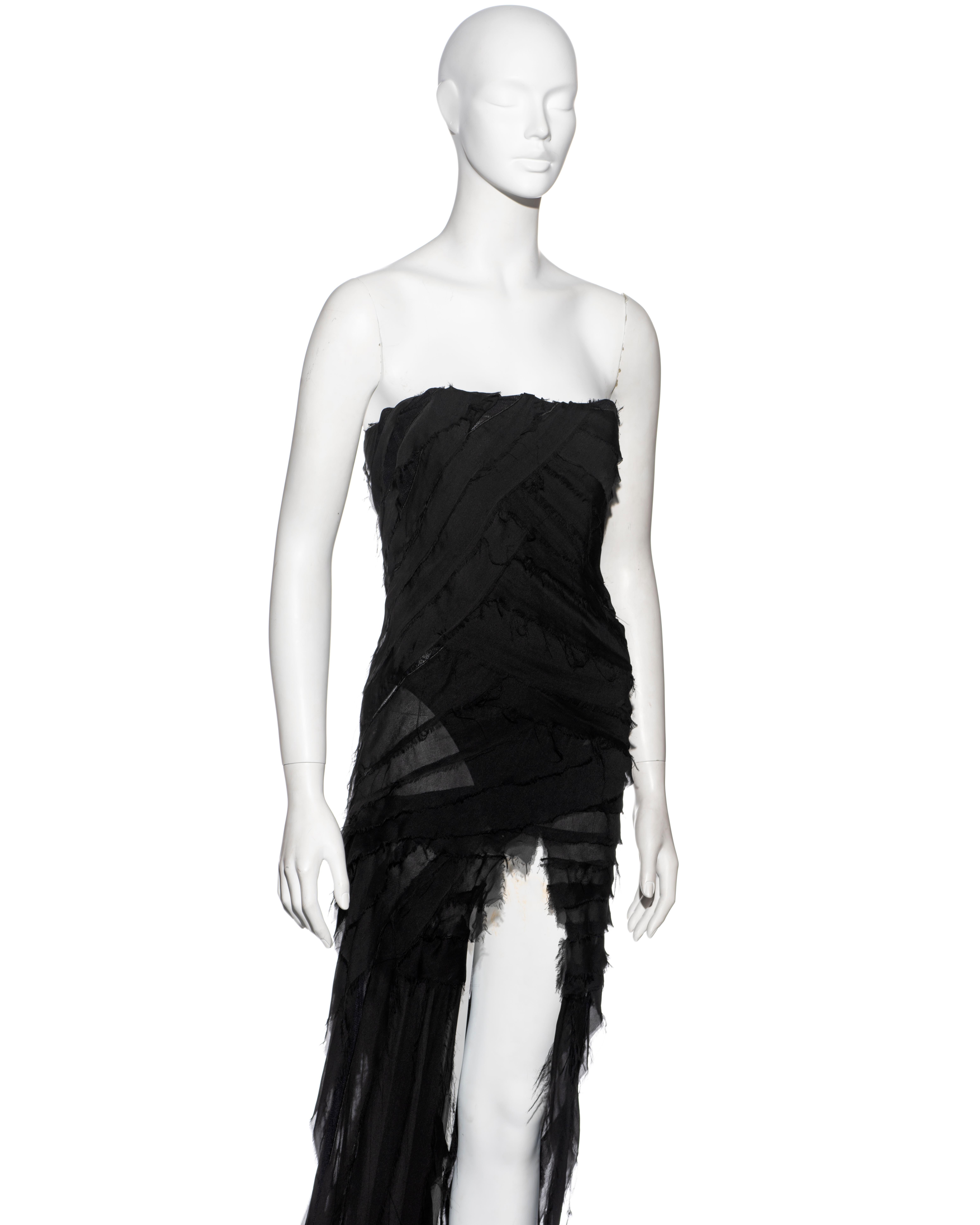 Roberto Cavalli black shredded silk strapless evening dress with train, fw 2001 For Sale 1
