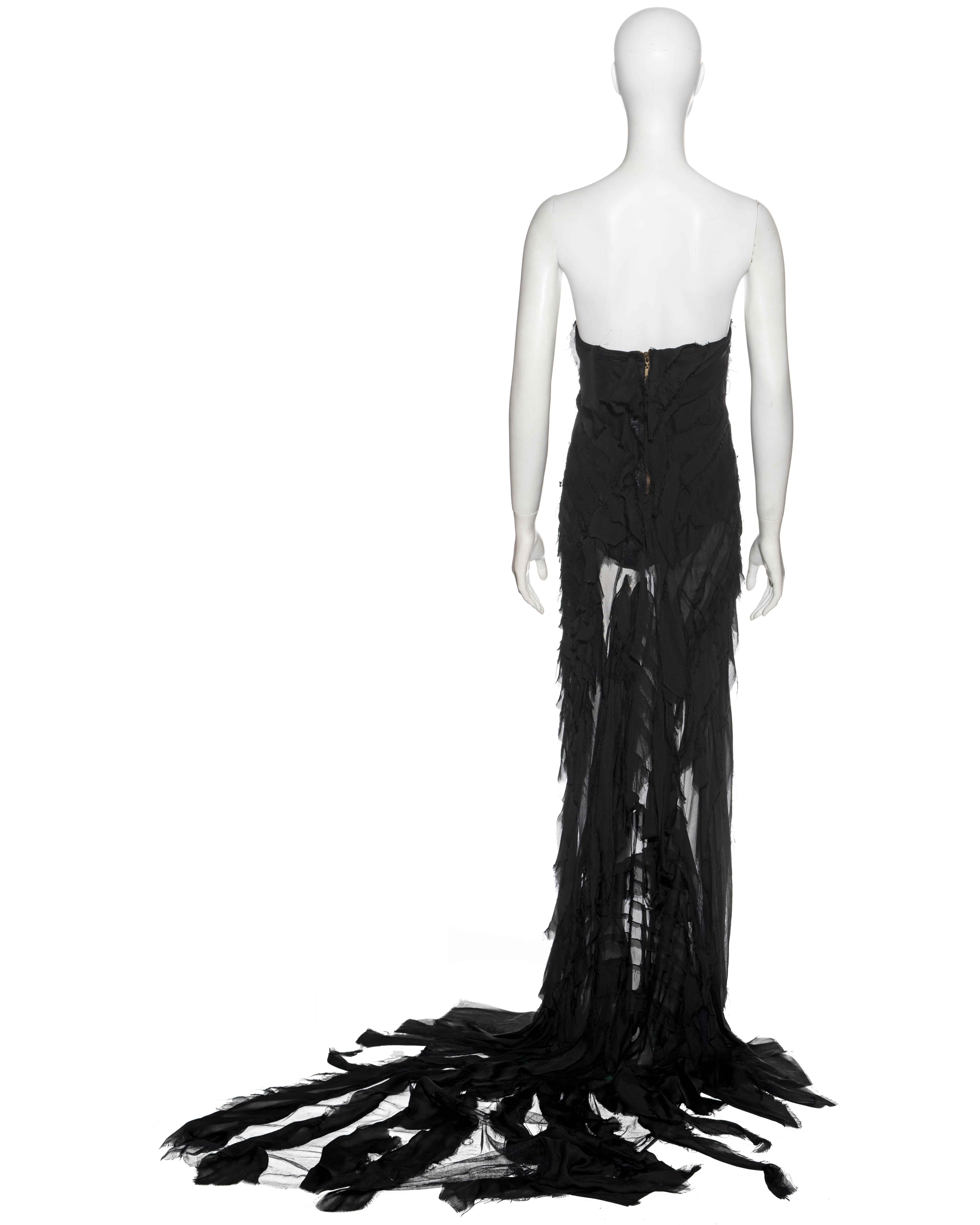 Roberto Cavalli black shredded silk strapless evening dress with train, fw 2001 For Sale 2