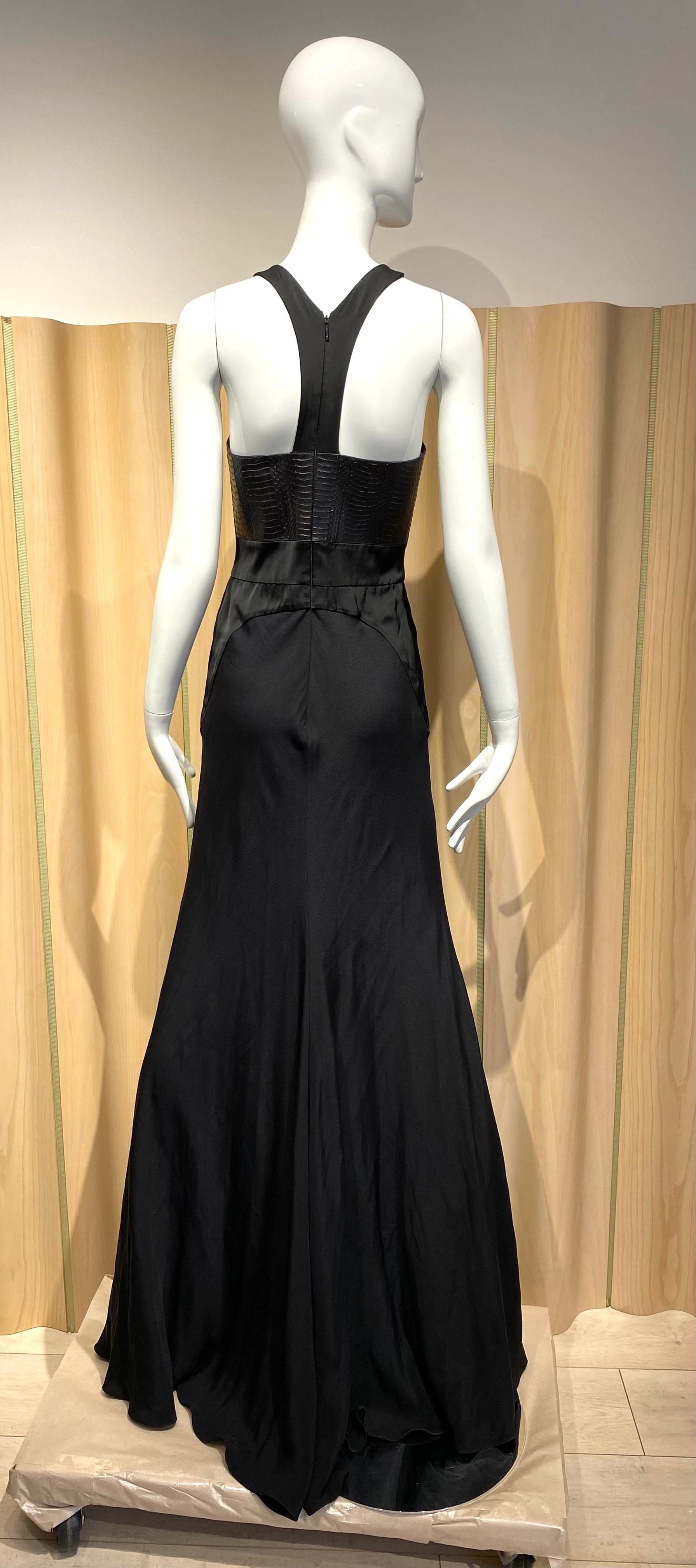 Roberto Cavalli Black Silk and Leather Evening Gown For Sale 4