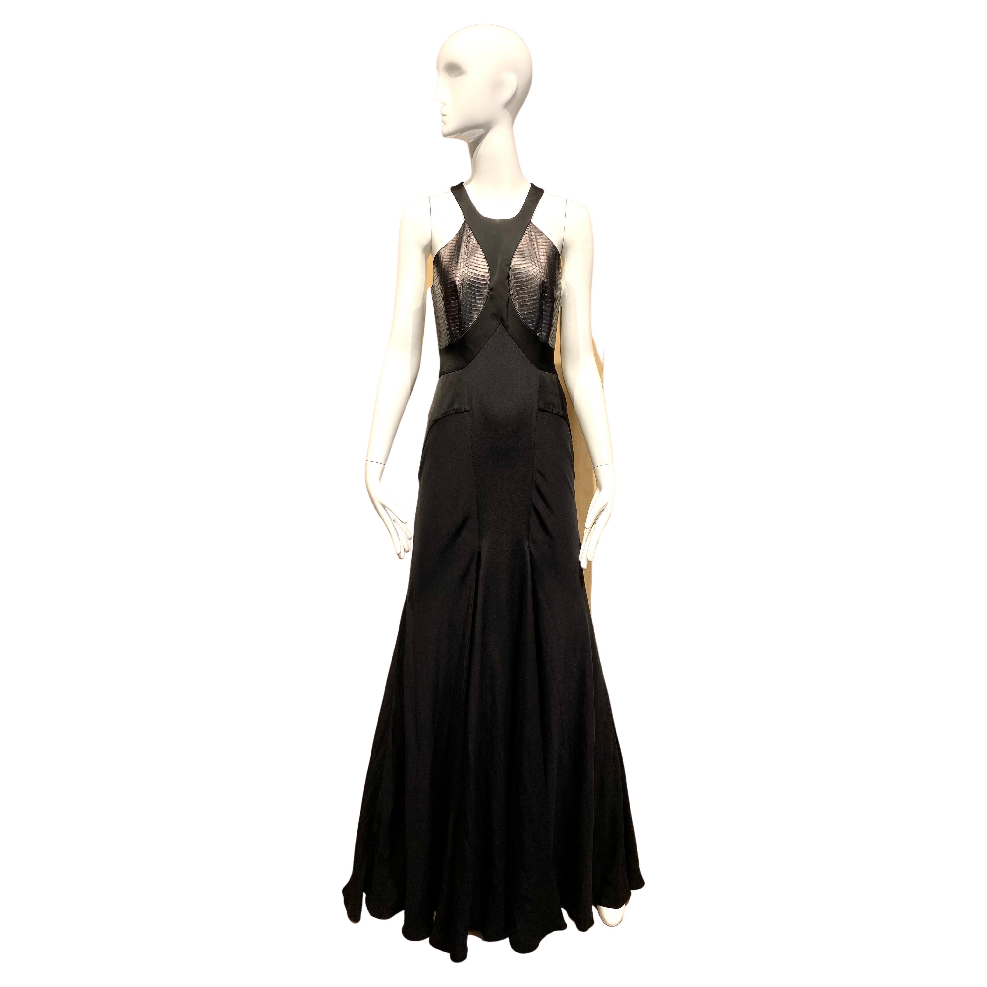 Roberto Cavalli Black Silk and Leather Evening Gown For Sale