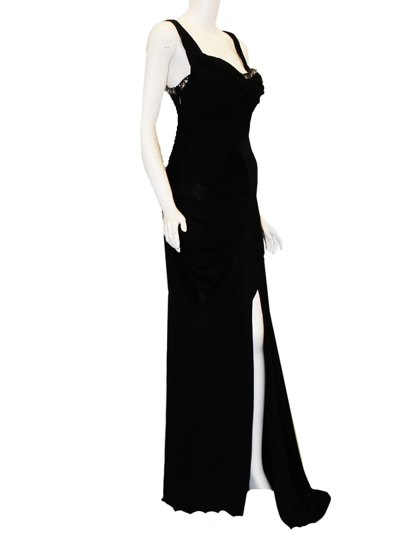 Roberto Cavalli Black Silk Blend Draped Bodice Crystal Asymmetrical Dress 44 EU In Excellent Condition For Sale In Palm Beach, FL