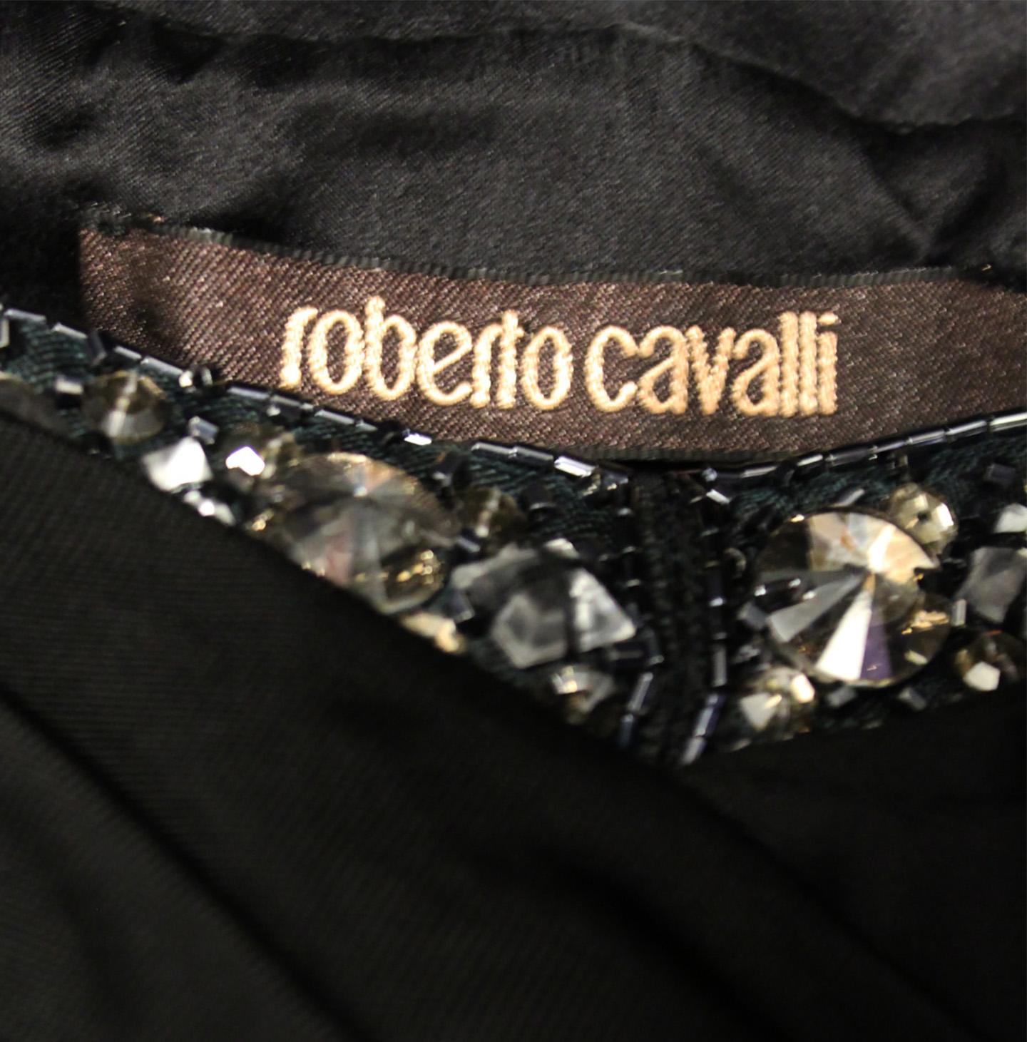 Women's Roberto Cavalli Black Silk Blend Draped Bodice Crystal Asymmetrical Dress 44 EU For Sale
