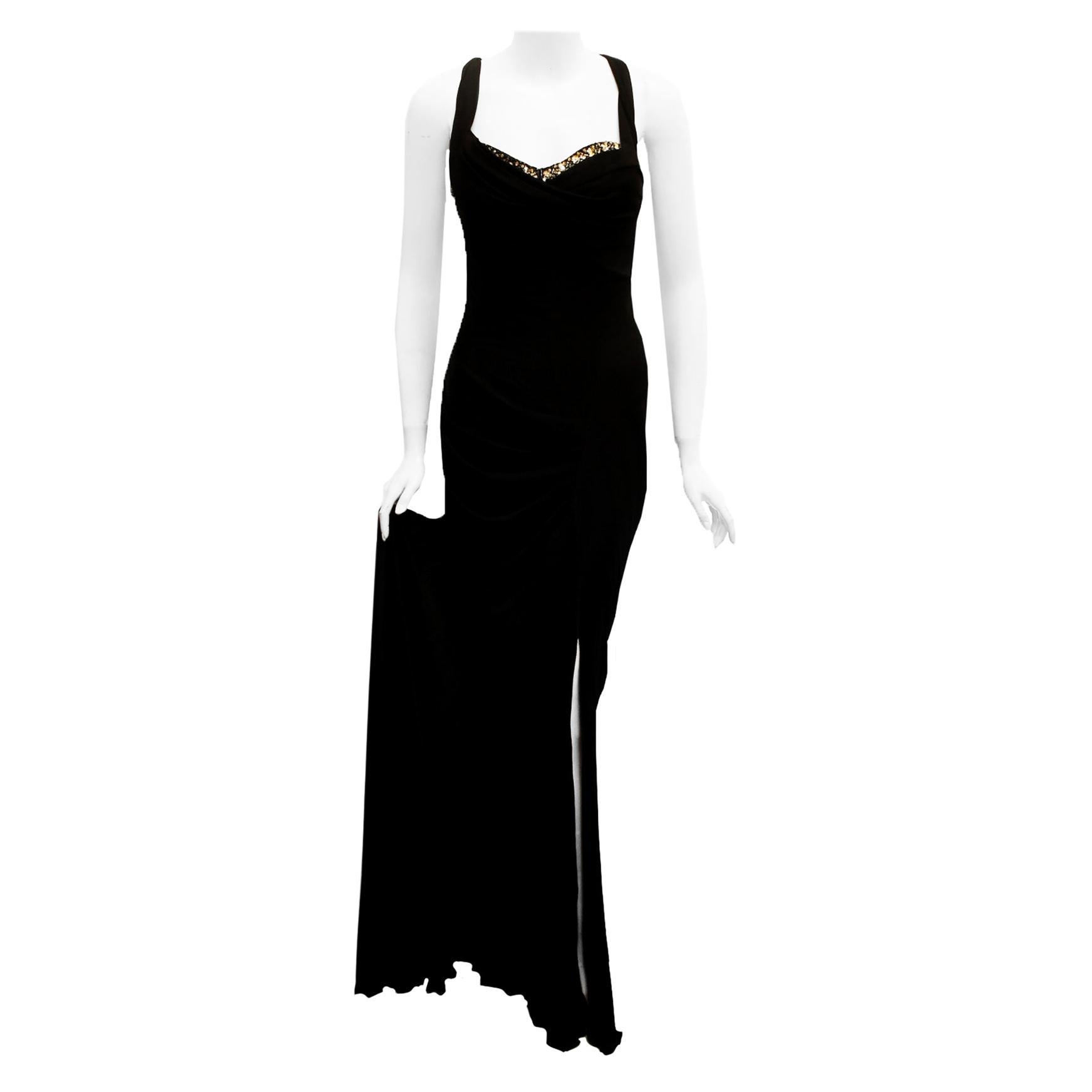 Roberto Cavalli Black Silk Blend Draped Bodice Crystal Asymmetrical Dress 44 EU For Sale
