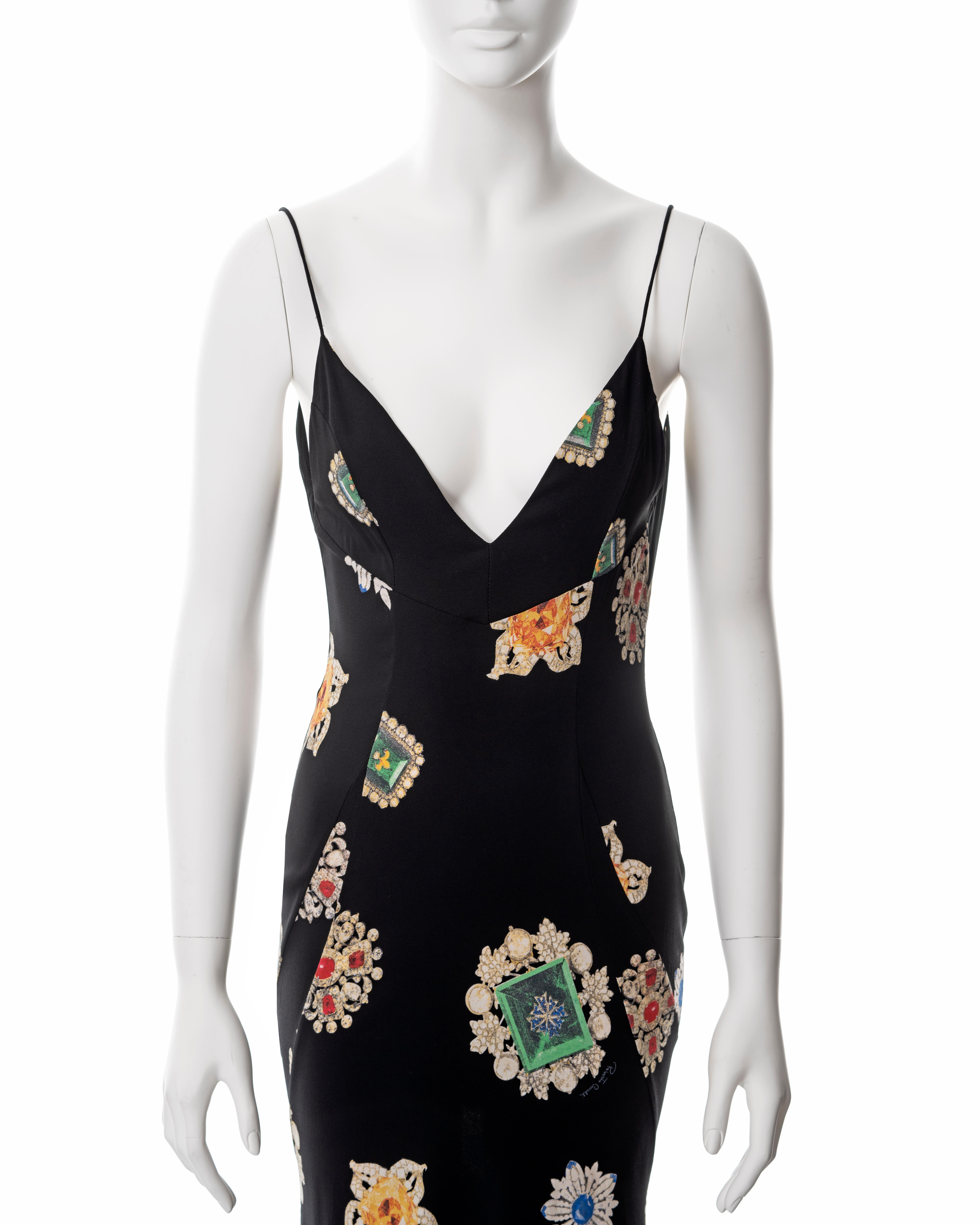 Roberto Cavalli black silk crepe evening dress with allover jewel print, fw 2002 In Excellent Condition For Sale In London, GB