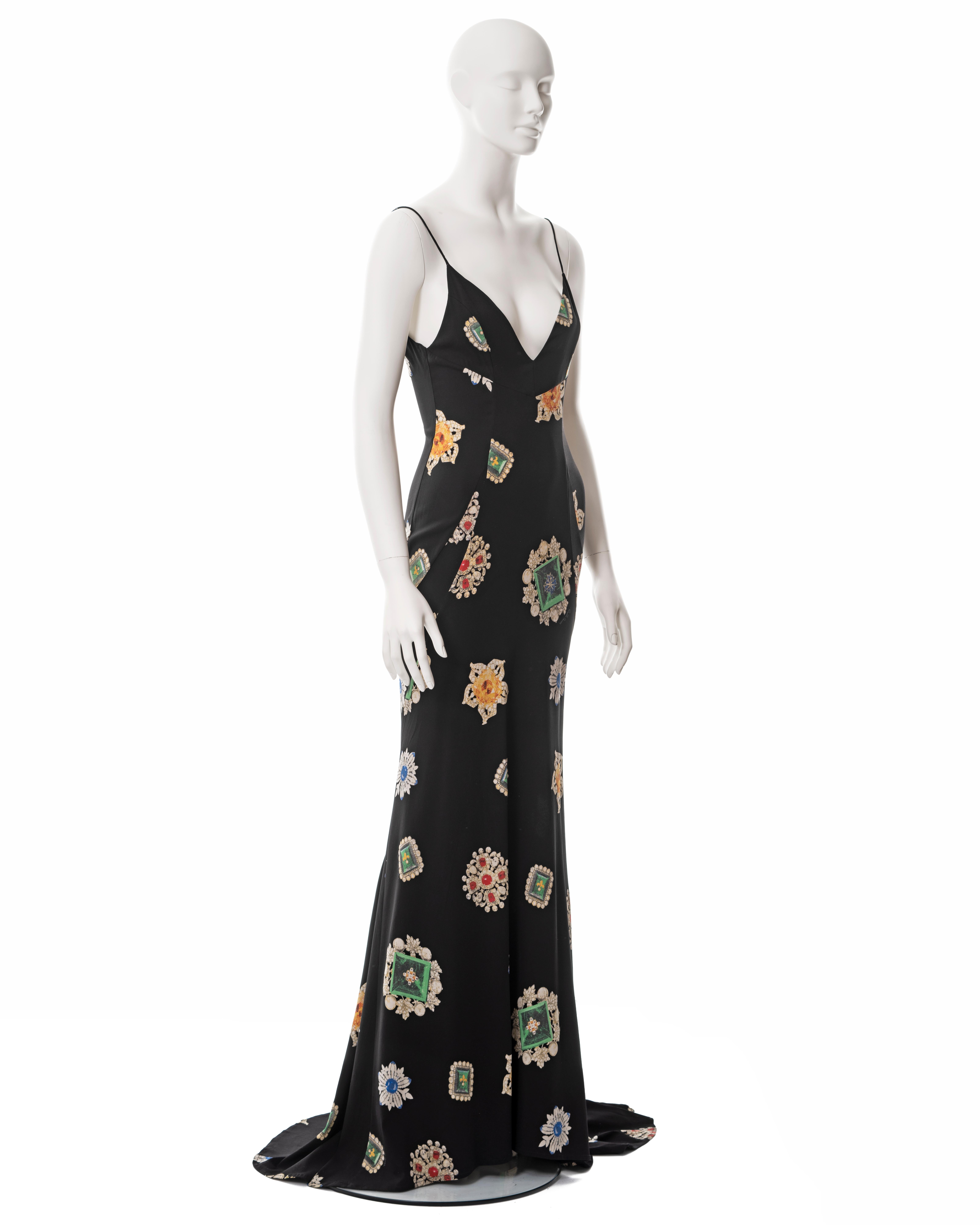Roberto Cavalli, robe du soir en crêpe de soie noir avec imprimé bijou, fw 2002 Pour femmes en vente
