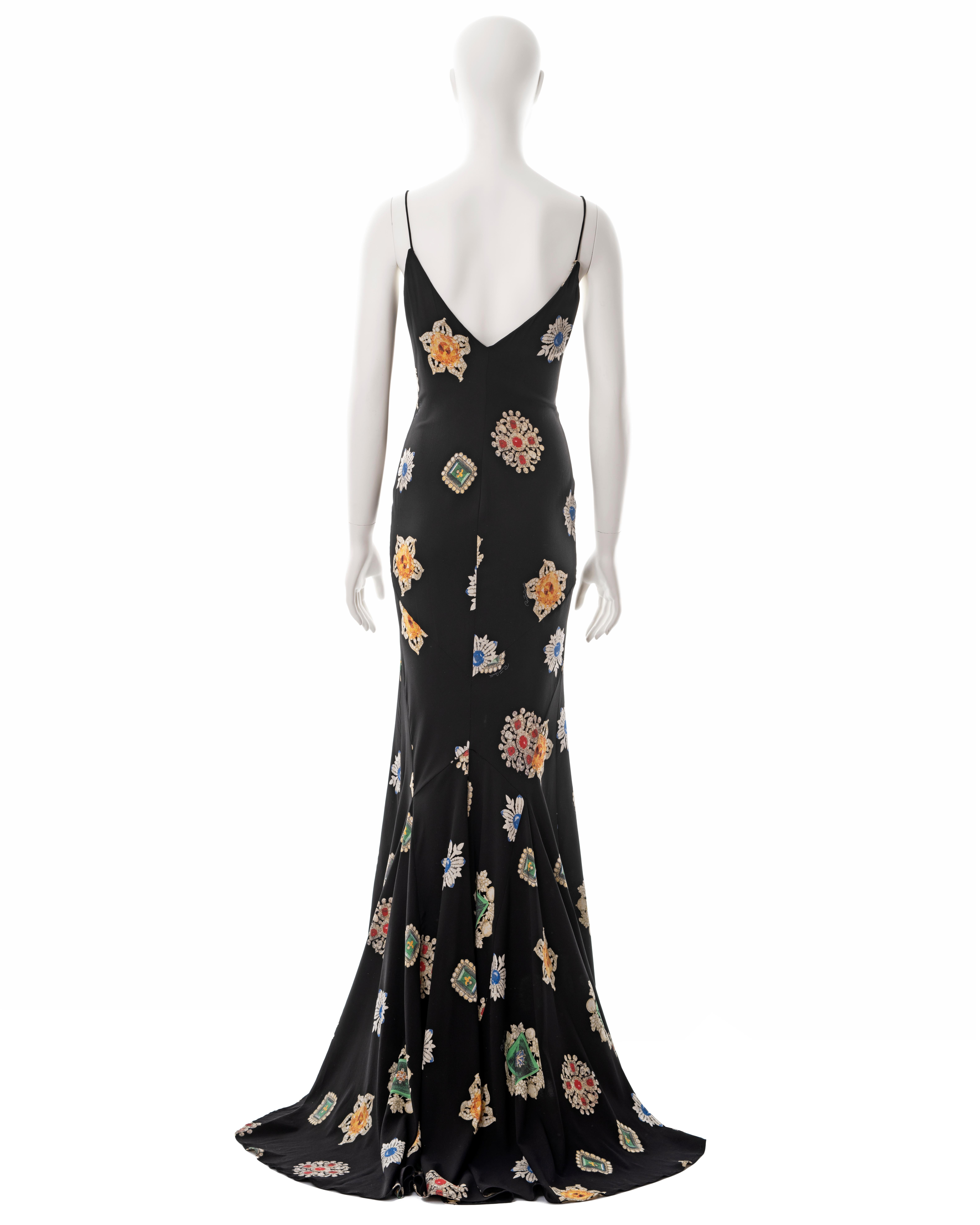 Roberto Cavalli, robe du soir en crêpe de soie noir avec imprimé bijou, fw 2002 en vente 3