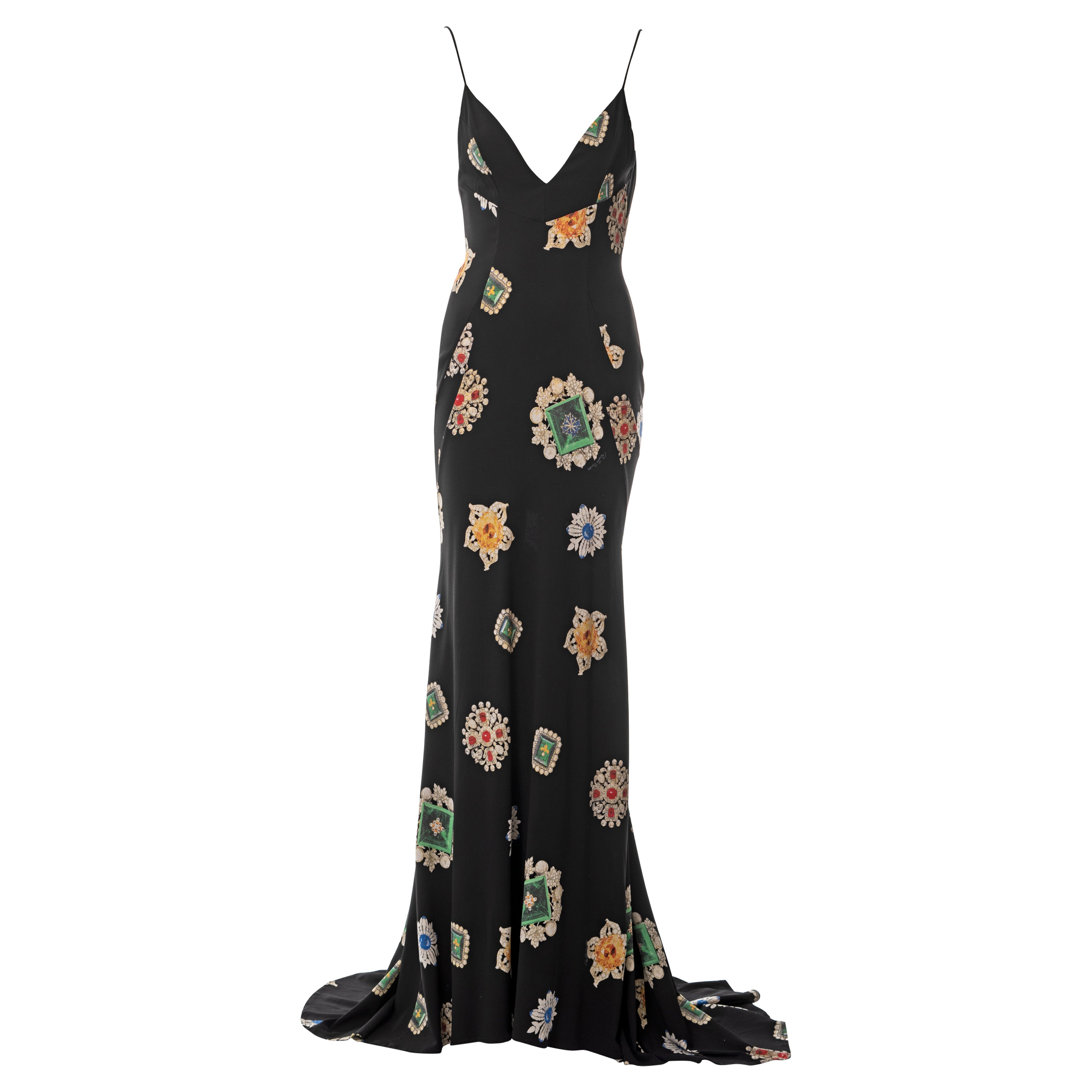 Roberto Cavalli, abito da sera in crêpe di seta nero con stampa gioiello allover, primavera 2002