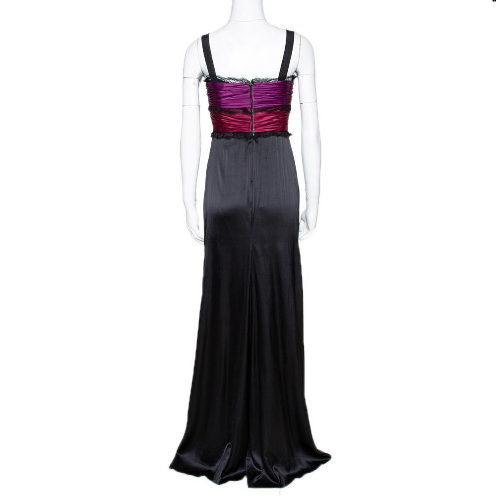 Roberto Cavalli Black Silk Lace Trim Gathered Maxi Dress M In Good Condition In Dubai, Al Qouz 2