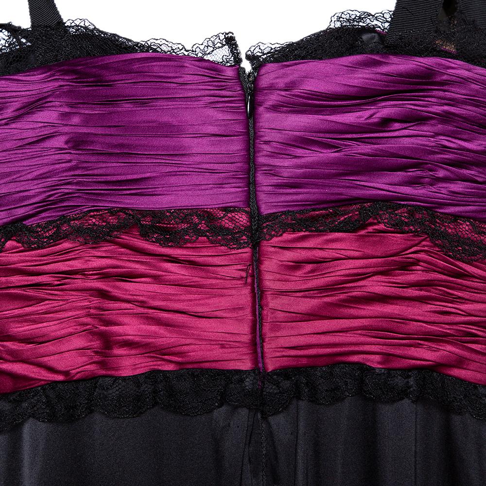 Women's Roberto Cavalli Black Silk Lace Trim Gathered Maxi Dress M