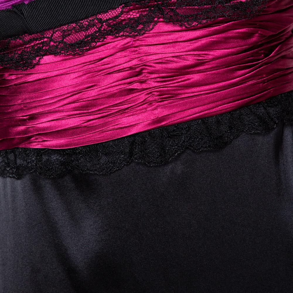 Roberto Cavalli Black Silk Lace Trim Gathered Maxi Dress M 1