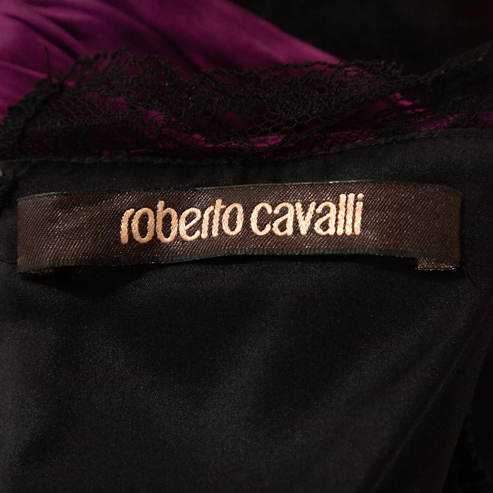 Roberto Cavalli Black Silk Lace Trim Gathered Maxi Dress M 2