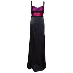Roberto Cavalli Black Silk Lace Trim Gathered Maxi Dress M
