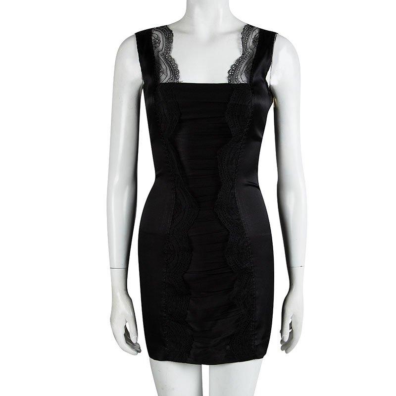 Roberto Cavalli Black Silk Scallop Lace Detail Sleeveless Dress S In Good Condition In Dubai, Al Qouz 2