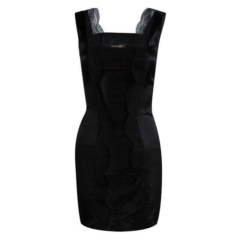 Roberto Cavalli Black Silk Scallop Lace Detail Sleeveless Dress S