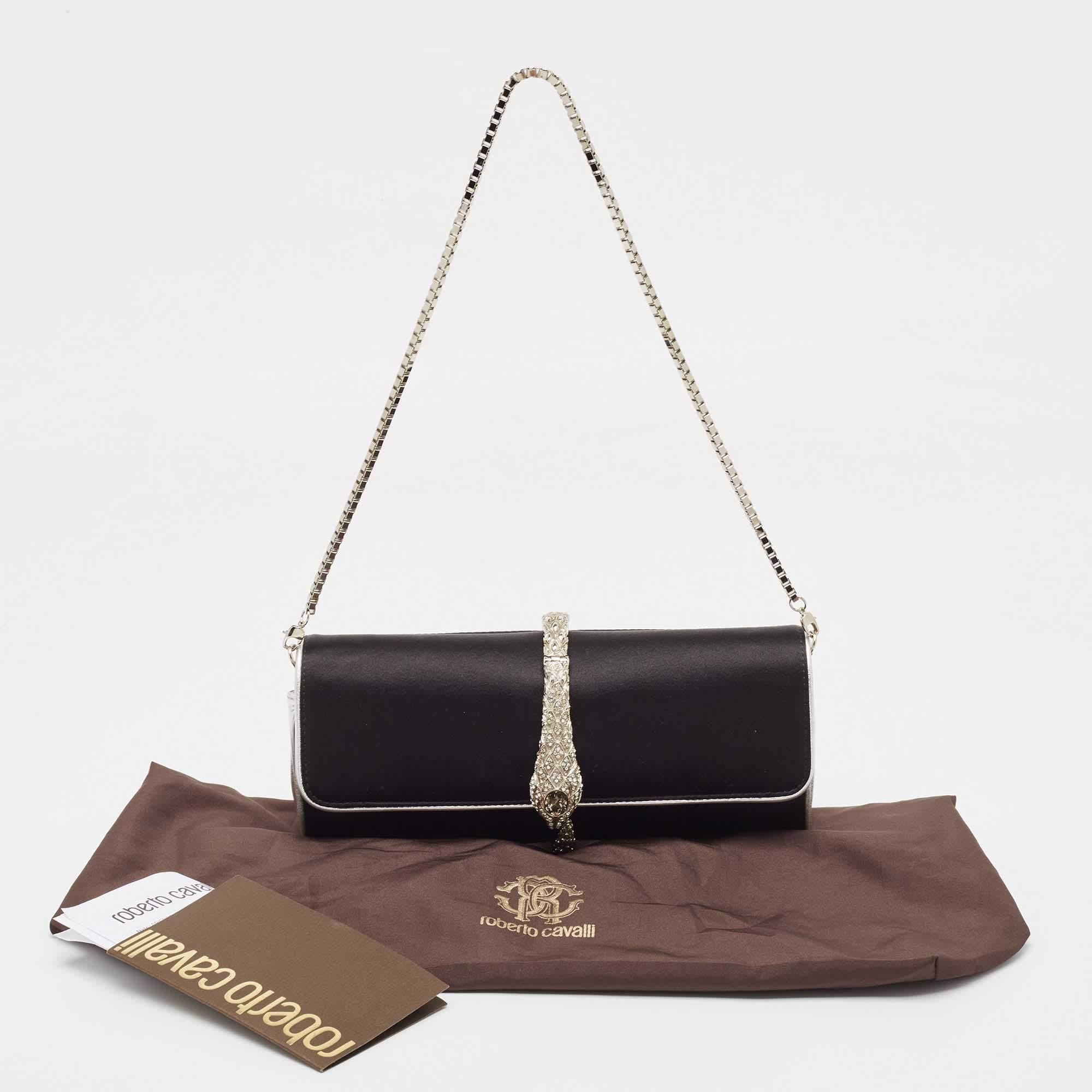 Roberto Cavalli Black/Silver Satin and Leather Snake Embellished Chain Clutch In Excellent Condition In Dubai, Al Qouz 2