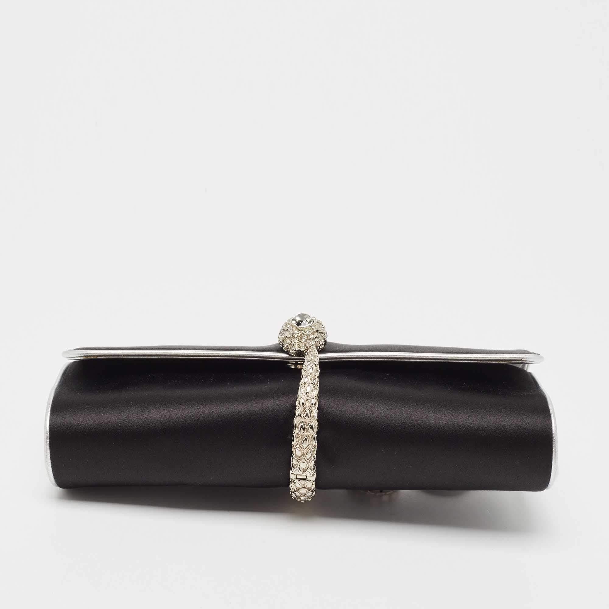 Women's Roberto Cavalli Black/Silver Satin and Leather Snake Embellished Chain Clutch