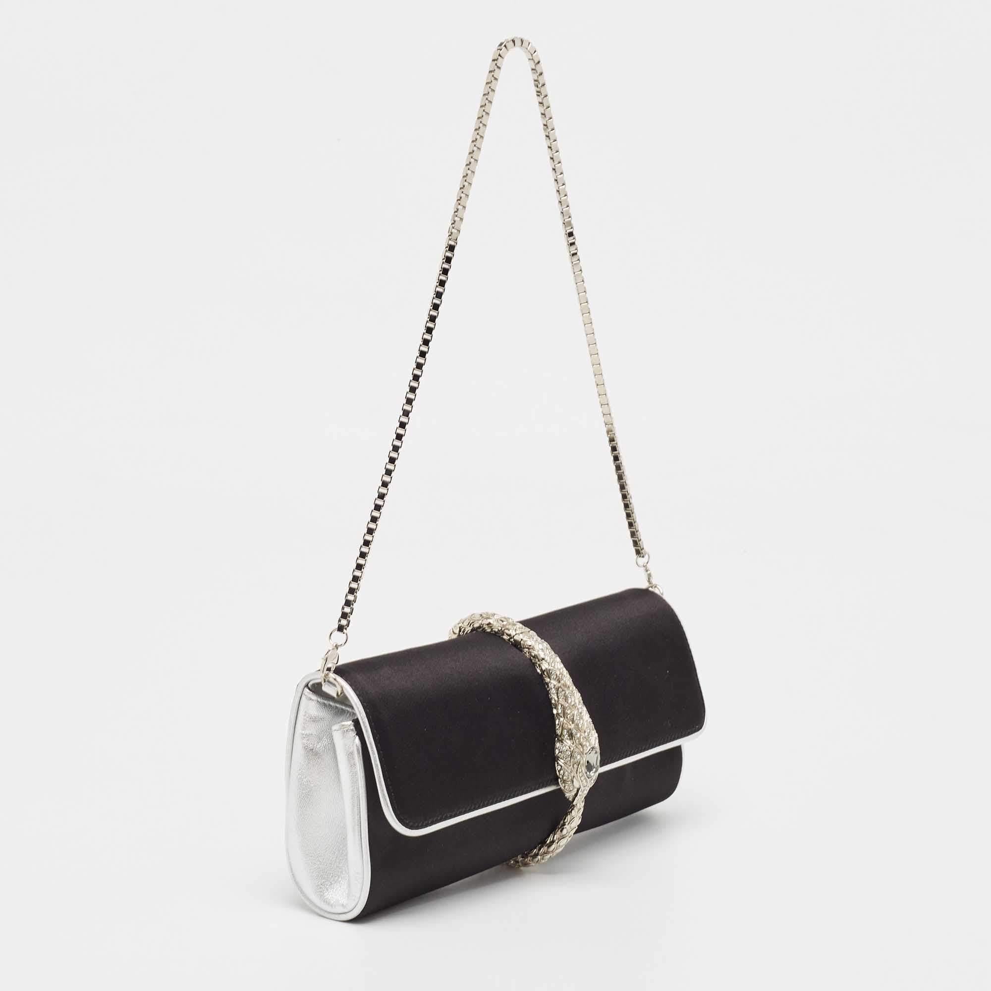 Roberto Cavalli Black/Silver Satin and Leather Snake Embellished Chain Clutch 1