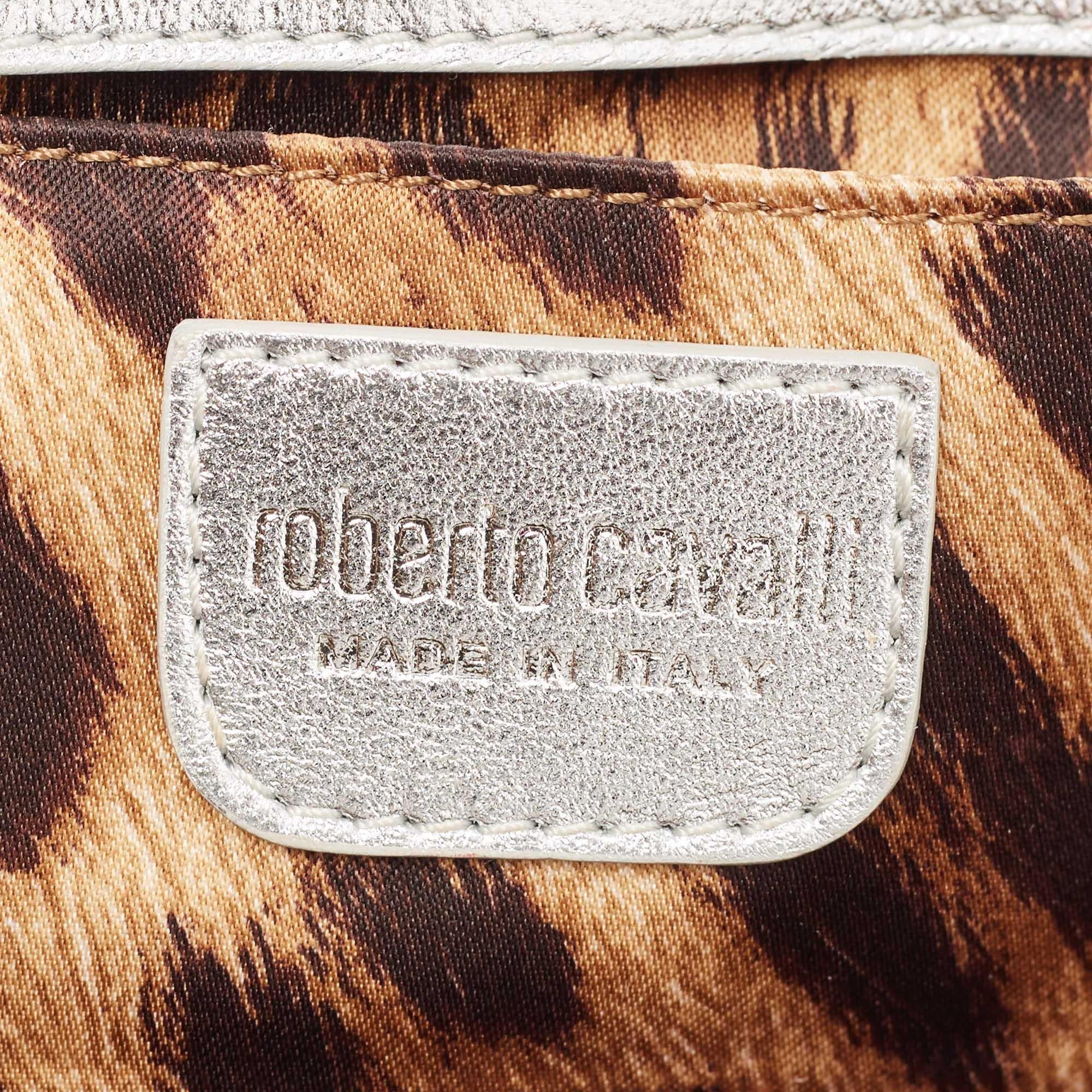Roberto Cavalli Black/Silver Satin and Leather Snake Embellished Chain Clutch 3