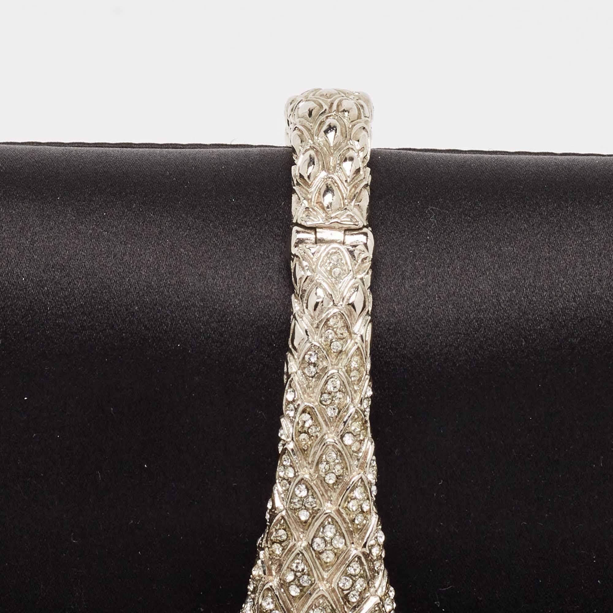 Roberto Cavalli Black/Silver Satin and Leather Snake Embellished Chain Clutch For Sale 5