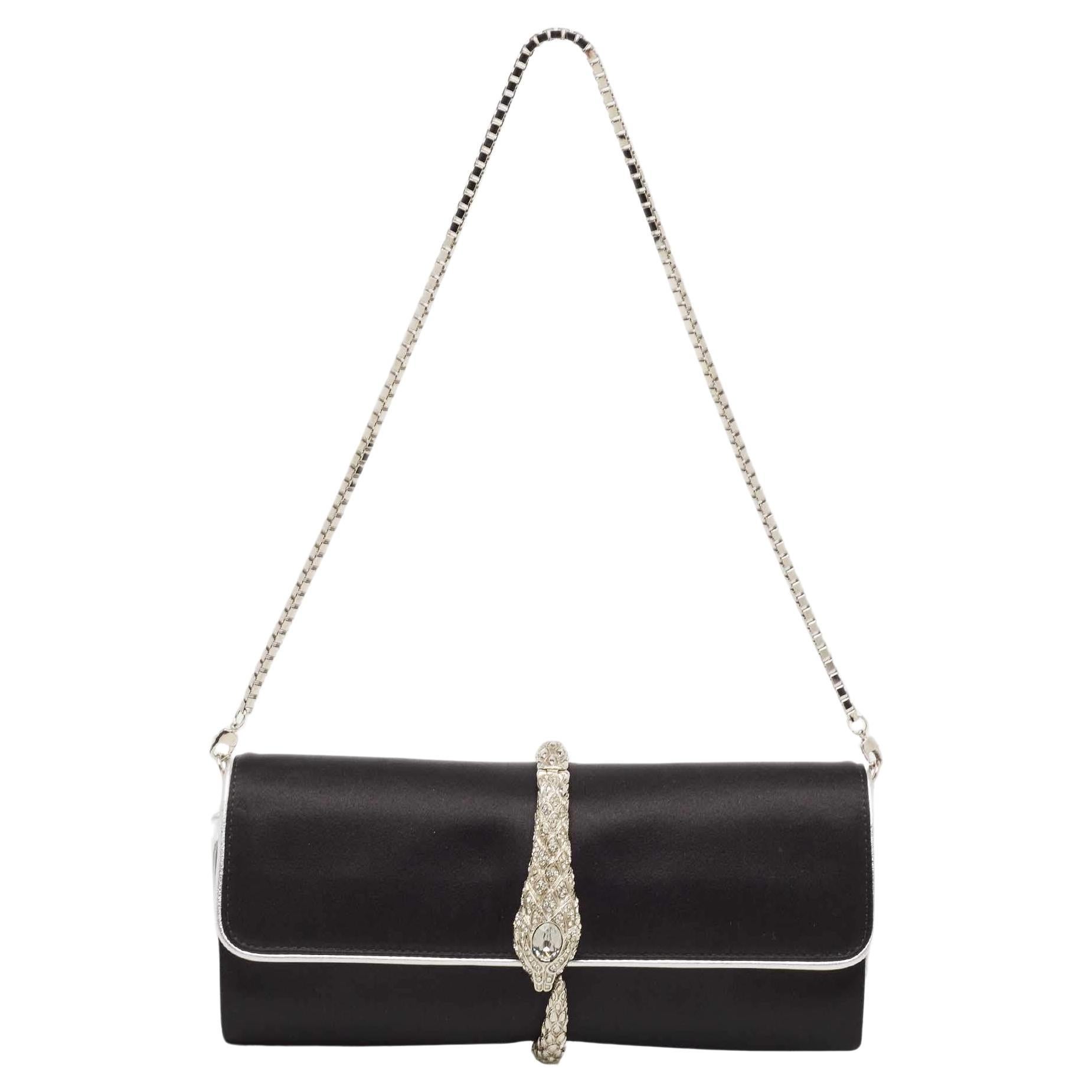 Roberto Cavalli Black/Silver Satin and Leather Snake Embellished Chain Clutch For Sale