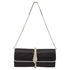 Roberto Cavalli Black/Silver Satin and Leather Snake Embellished Chain Clutch