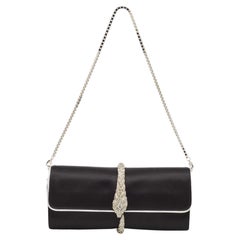 Roberto Cavalli Black/Silver Satin and Leather Snake Embellished Chain Clutch