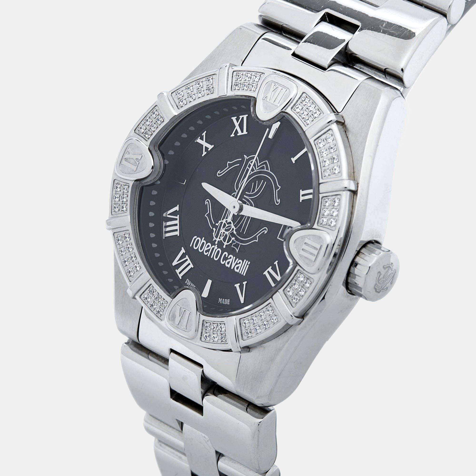 Roberto Cavalli Black Stainless Steel Diamond R7253116525 Men's Wristwatch 41 mm In Good Condition In Dubai, Al Qouz 2
