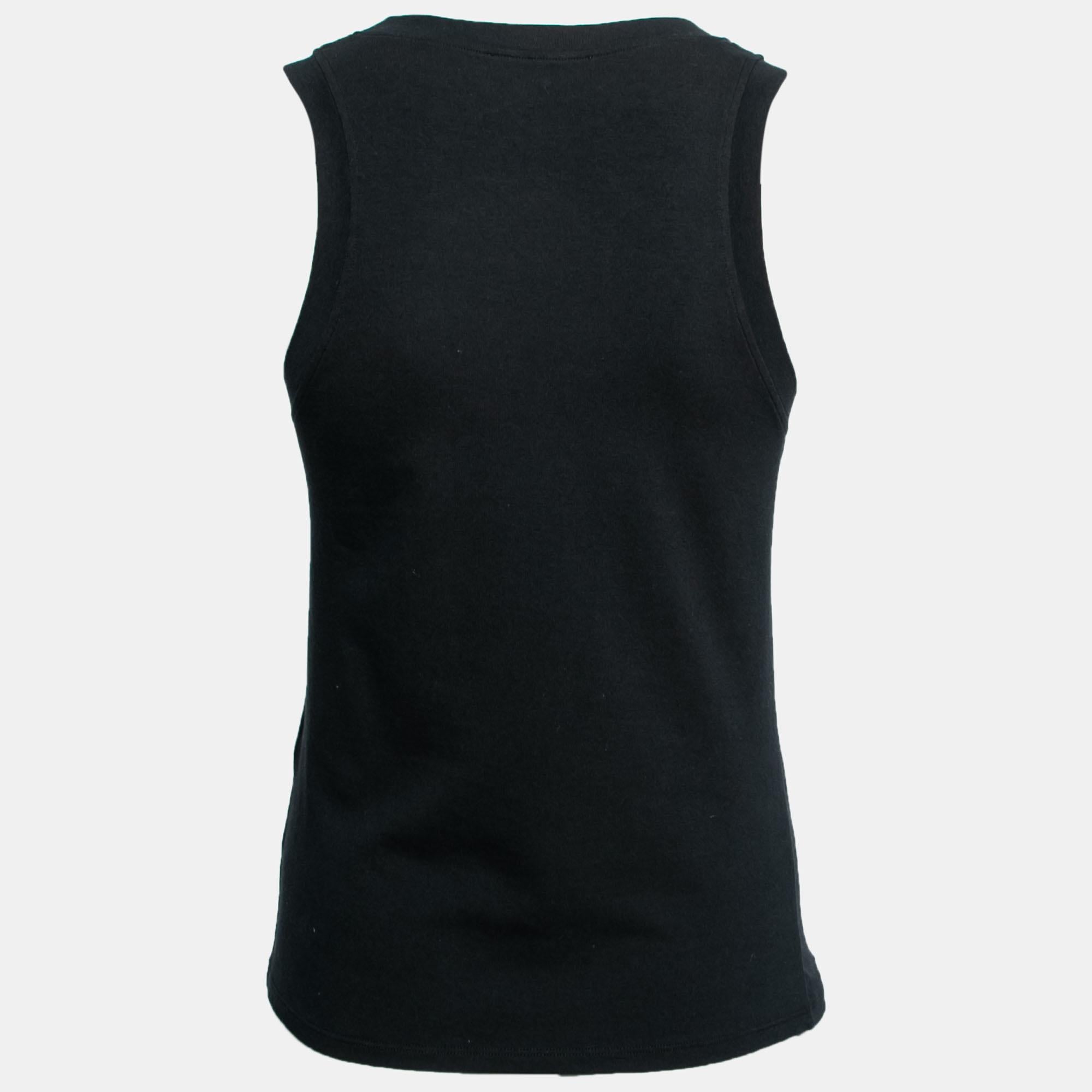 Update your basics with this tank top from the House of Roberto Cavalli. Simple and stylish, it is cut from black stretch-cotton fabric, with contrasting logo prints highlighting the front. This top will help you sport a comfy and casual style.

