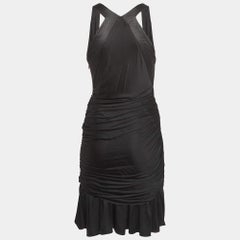 Roberto Cavalli Black Stretch Crepe Ruche Midi Dress S
