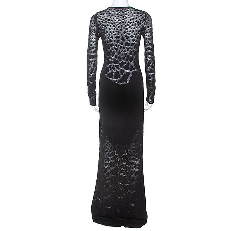 Roberto Cavalli Black Stretch Knit Sheer Detail Long Sleeve Maxi Dress ...