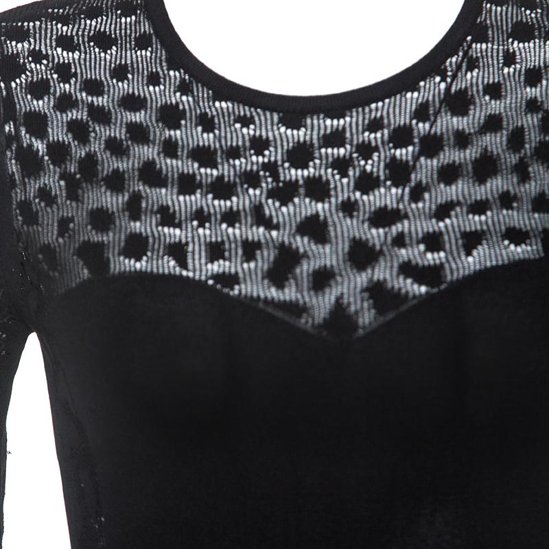 Roberto Cavalli Black Stretch Knit Sheer Detail Long Sleeve Maxi Dress ...