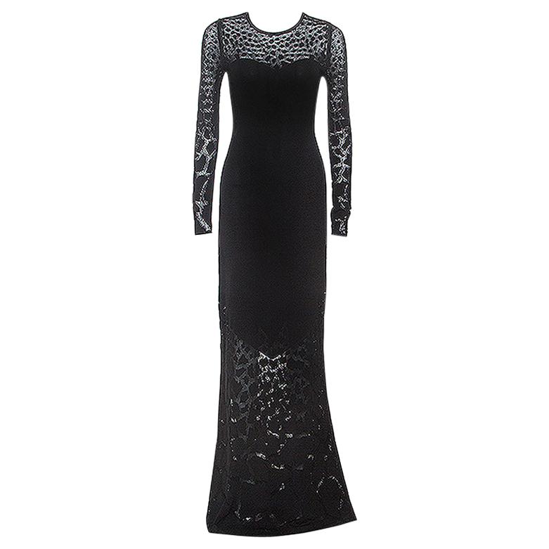 Roberto Cavalli Black Stretch Knit Sheer Detail Long Sleeve Maxi Dress S For Sale