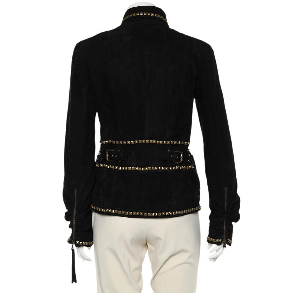 This black jacket from Roberto Cavalli is worth the investment. It is made using suede and is provided with long sleeves, front zip closure, metal studs, and ruched accents.

