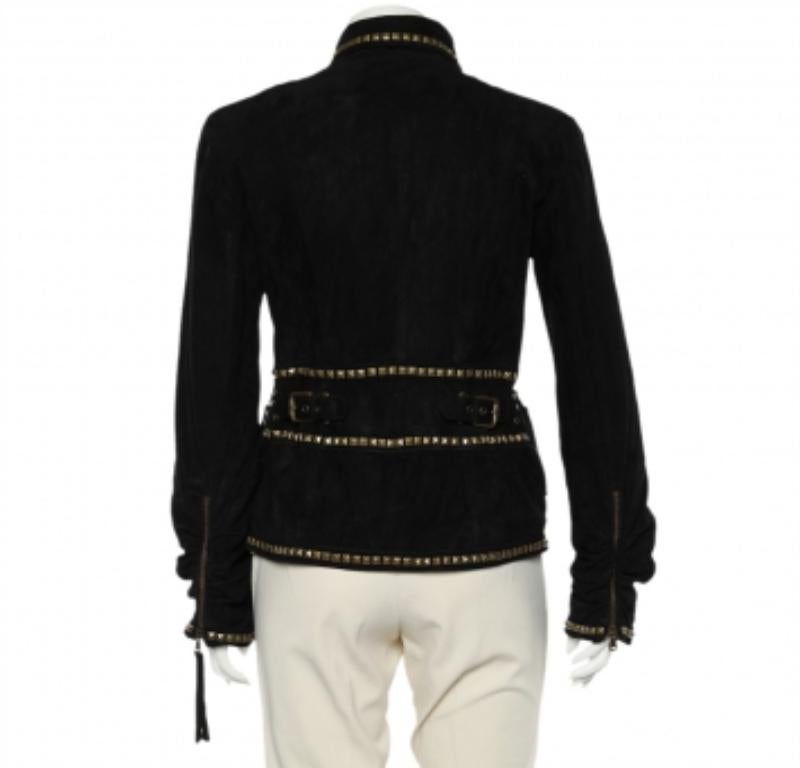 Noir Roberto Cavalli Black Studded Suede Zip Front Ruched Jacket M en vente