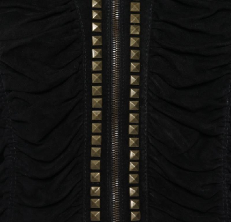 Roberto Cavalli Black Studded Suede Zip Front Ruched Jacket M Bon état - En vente à Dubai, Al Qouz 2