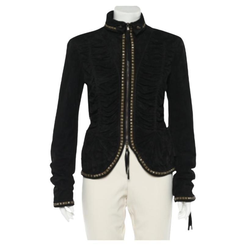 Roberto Cavalli Black Studded Suede Zip Front Ruched Jacket M en vente