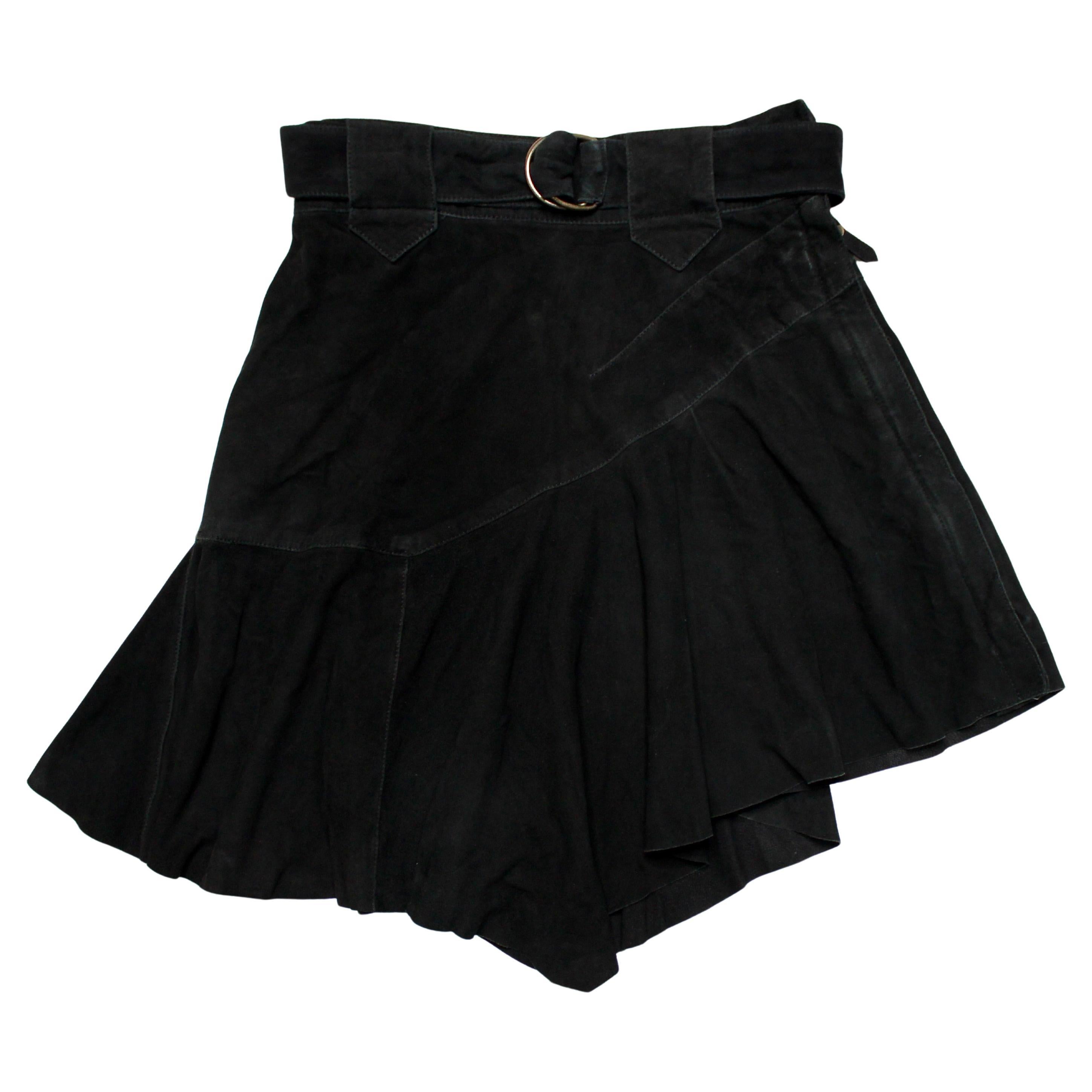 Roberto Cavalli Minigonna asimmetrica in pelle scamosciata nera con cintura, circa Y2K