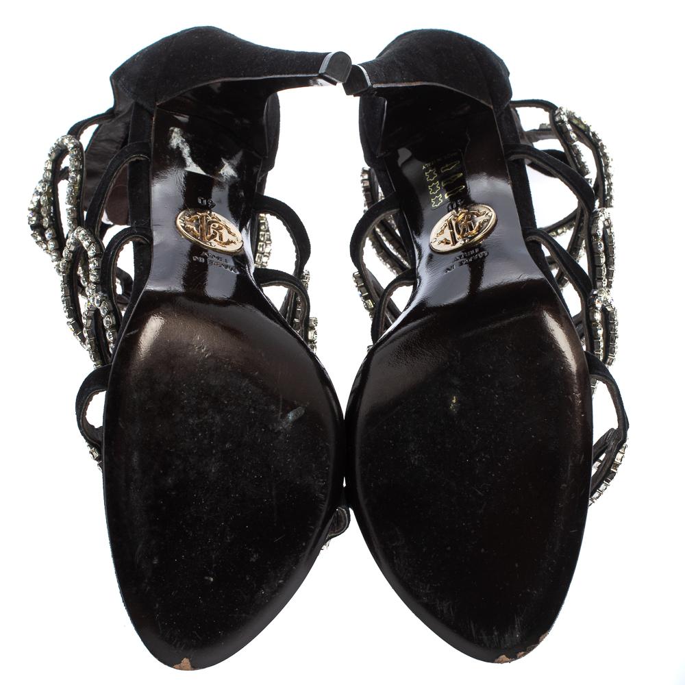 Women's Roberto Cavalli Black Suede Crystal Embellished Sandals Size 40