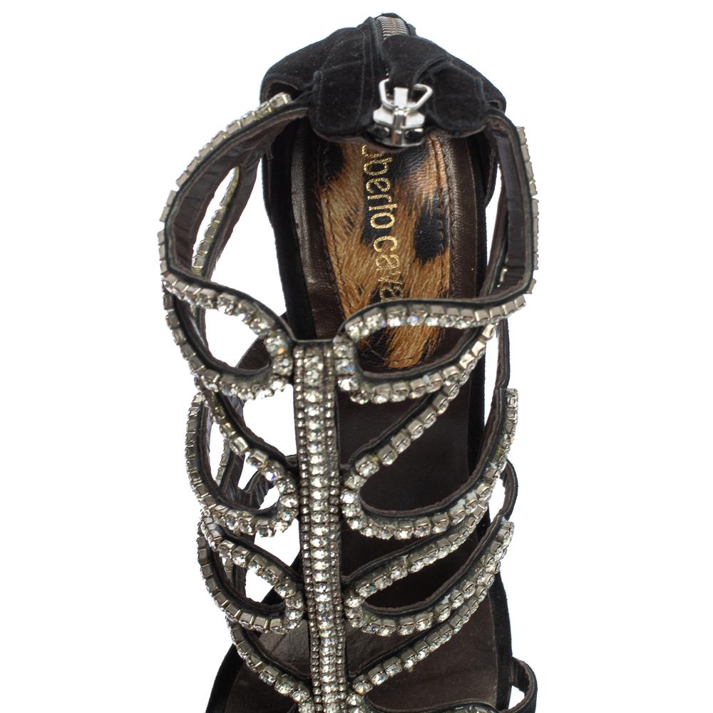 Roberto Cavalli Black Suede Crystal Embellished Sandals Size 40 2