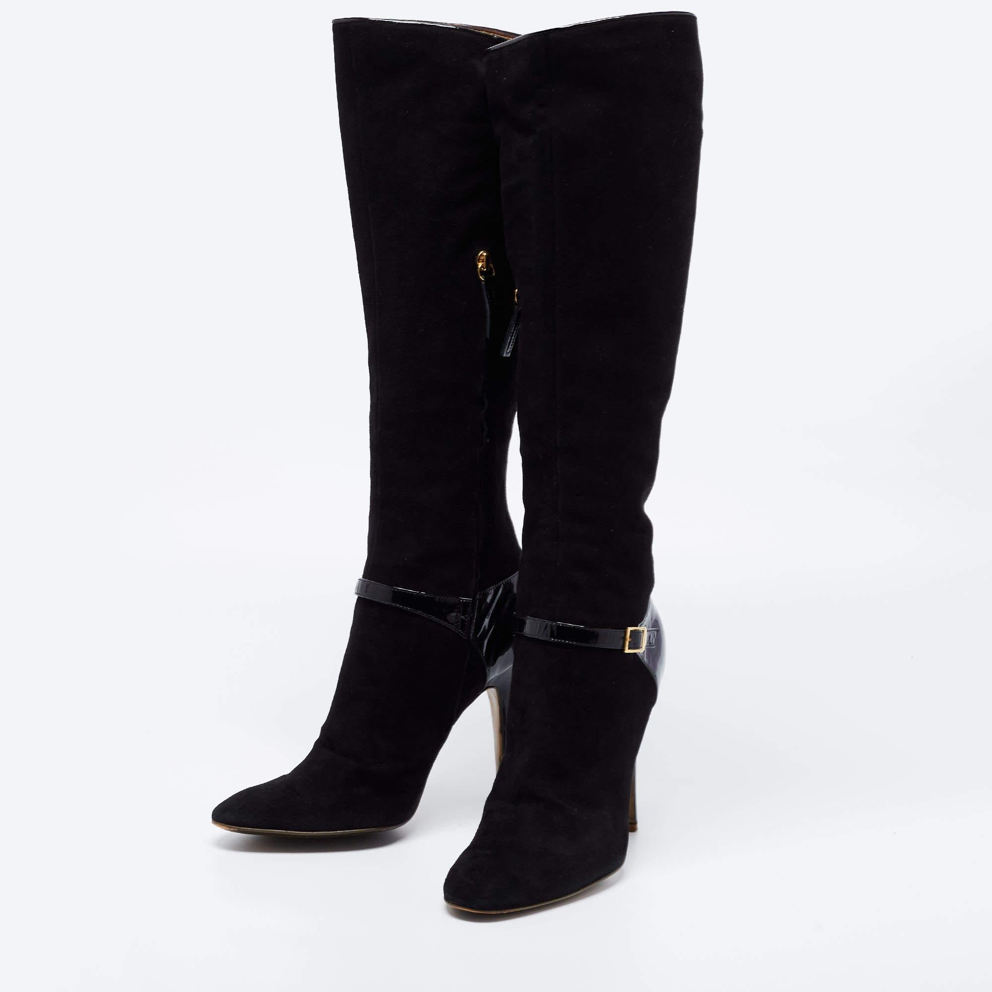 Roberto Cavalli Black Suede Knee Length Boots Size 41 In Good Condition For Sale In Dubai, Al Qouz 2