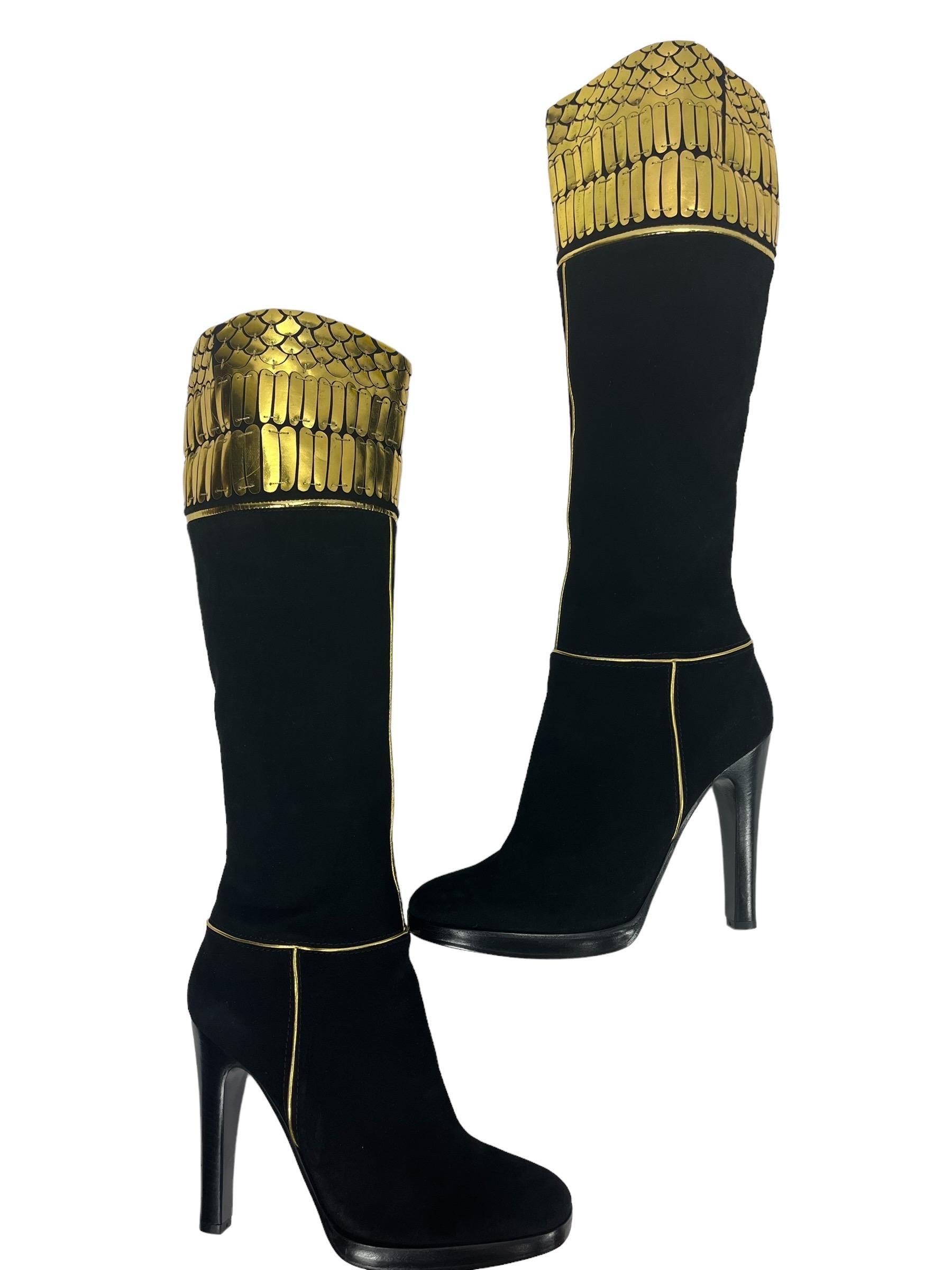 New Roberto Cavalli Black Suede Leather Knee Length Boots Gold Detail 38.5 & 41 In New Condition For Sale In Montgomery, TX