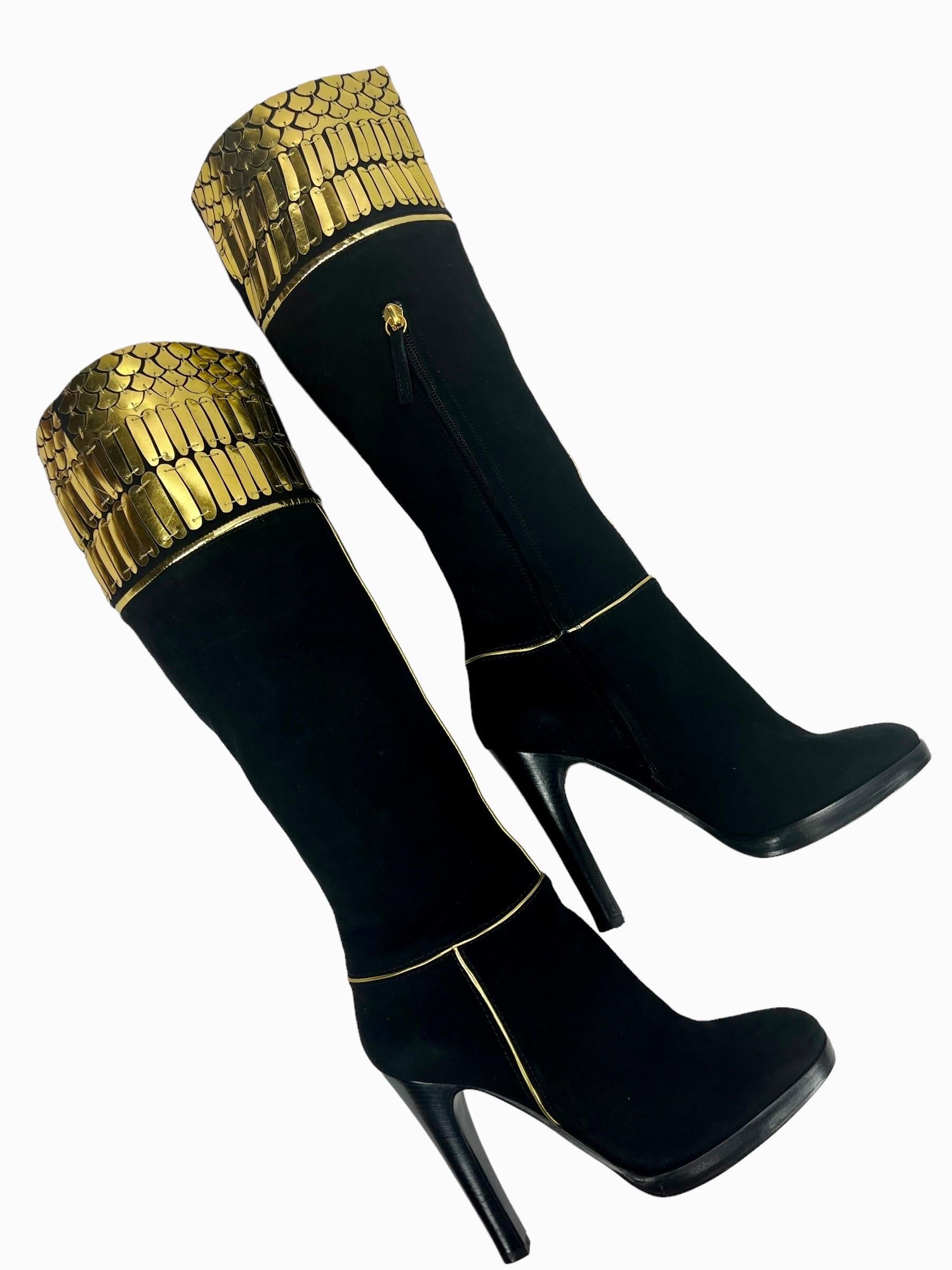 Women's New Roberto Cavalli Black Suede Leather Knee Length Boots Gold Detail 38.5 & 41 For Sale