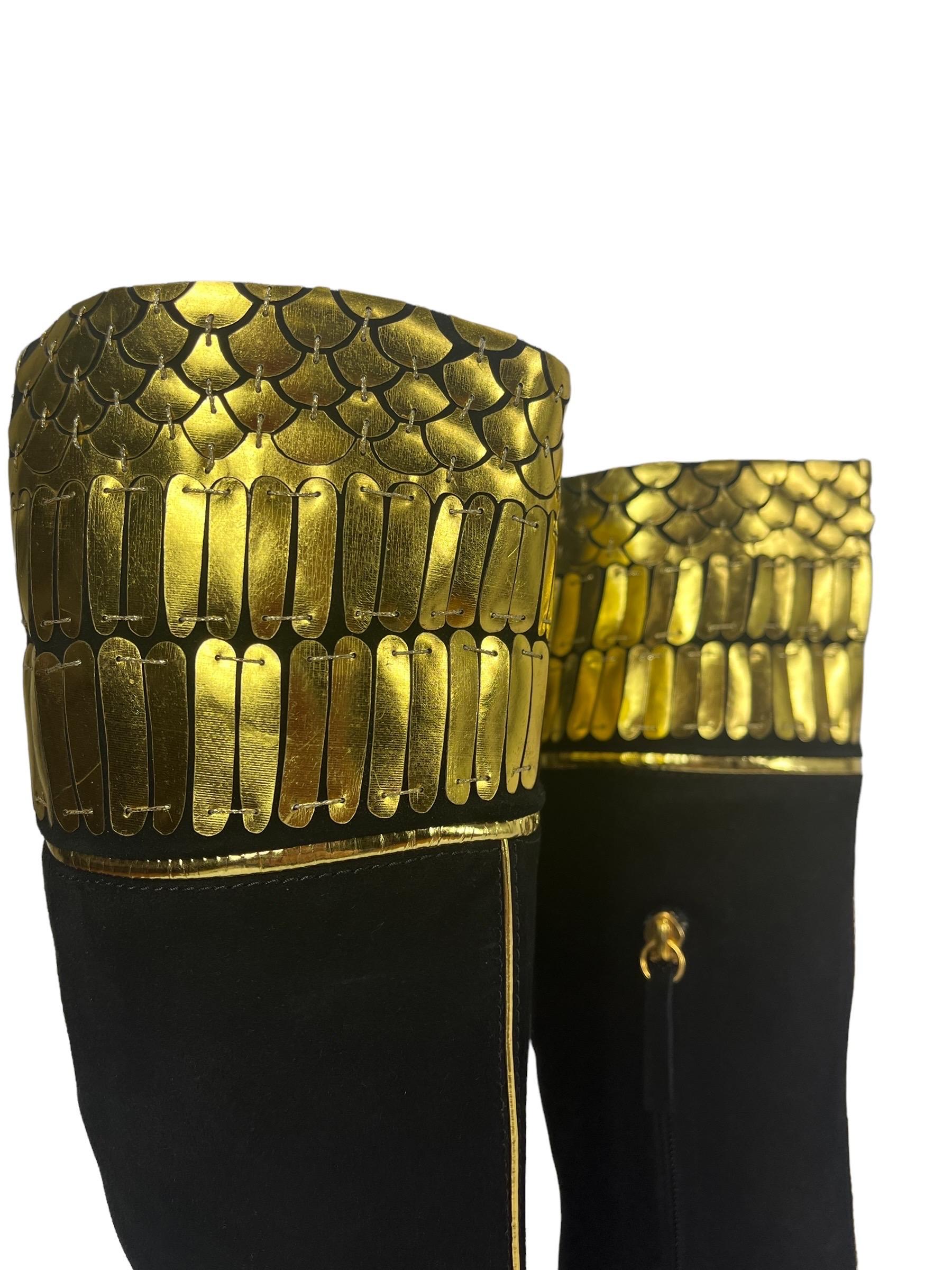 New Roberto Cavalli Black Suede Leather Knee Length Boots Gold Detail 38.5 & 41 For Sale 1
