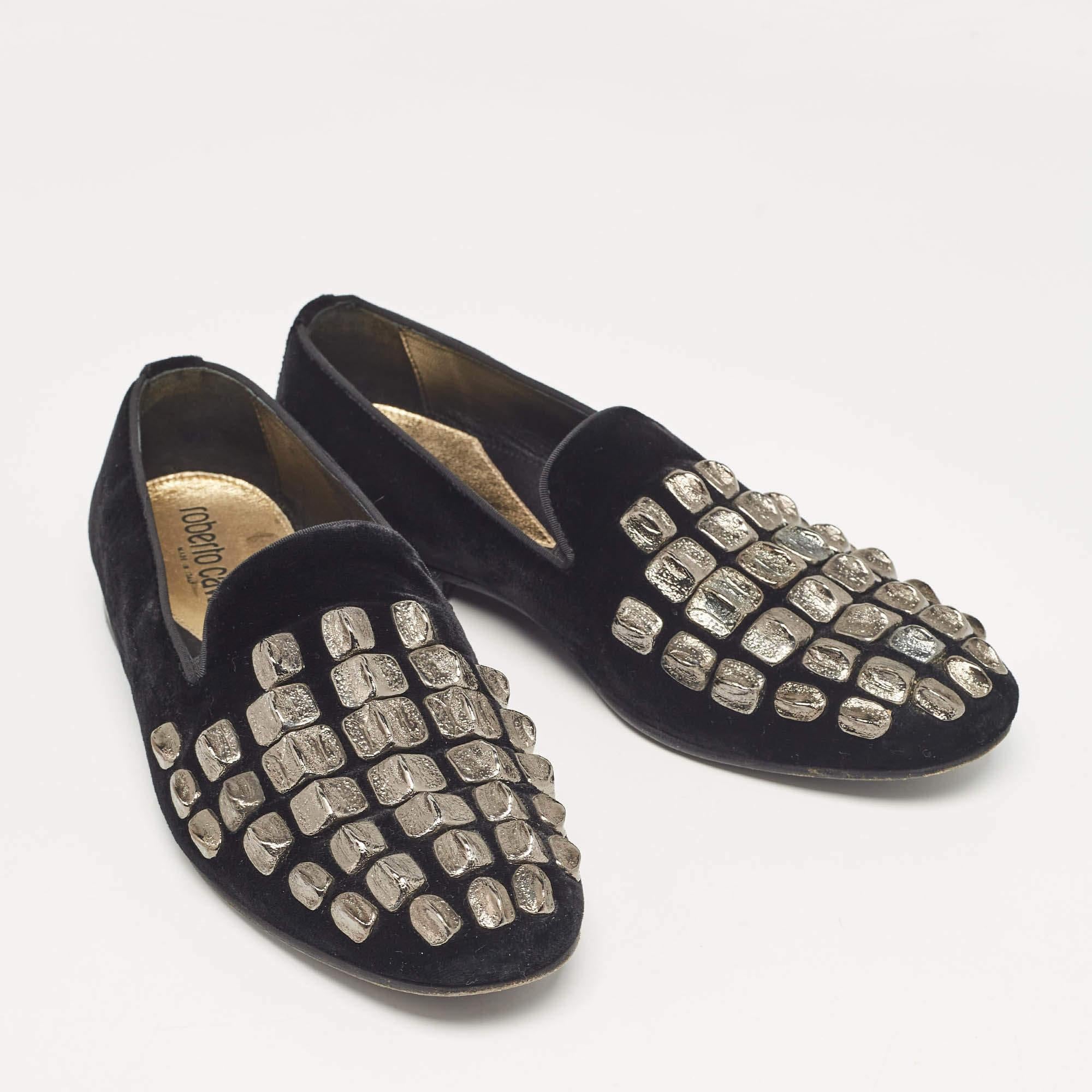 Women's Roberto Cavalli Black Velvet Embellished Slip On Loafers Size 40 For Sale